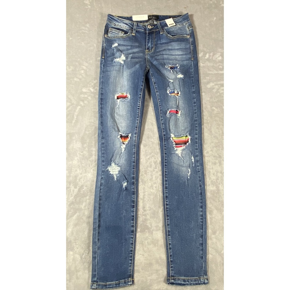 Judy Blue Skinny Jeans 5/27 Destroyed Serape Patch‎ Festival Rainbow Ripped NEW